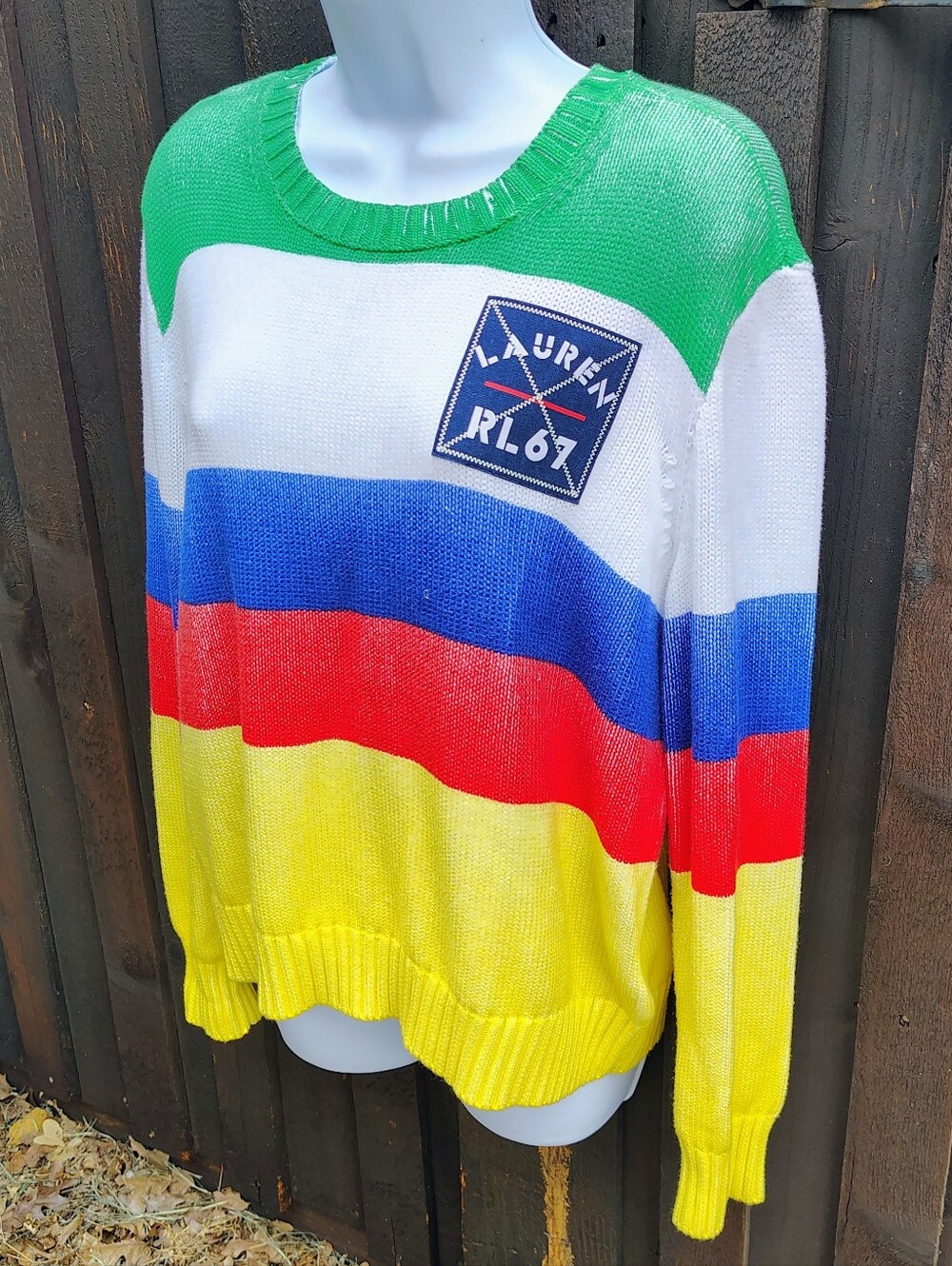 Polo by Ralph Lauren Green White Blue Red Yellow Striped Crewneck Sweater - Picture 3 of 7